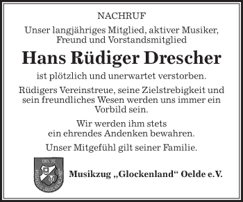 Traueranzeige von Hans Rüdiger Drescher von Die Glocke