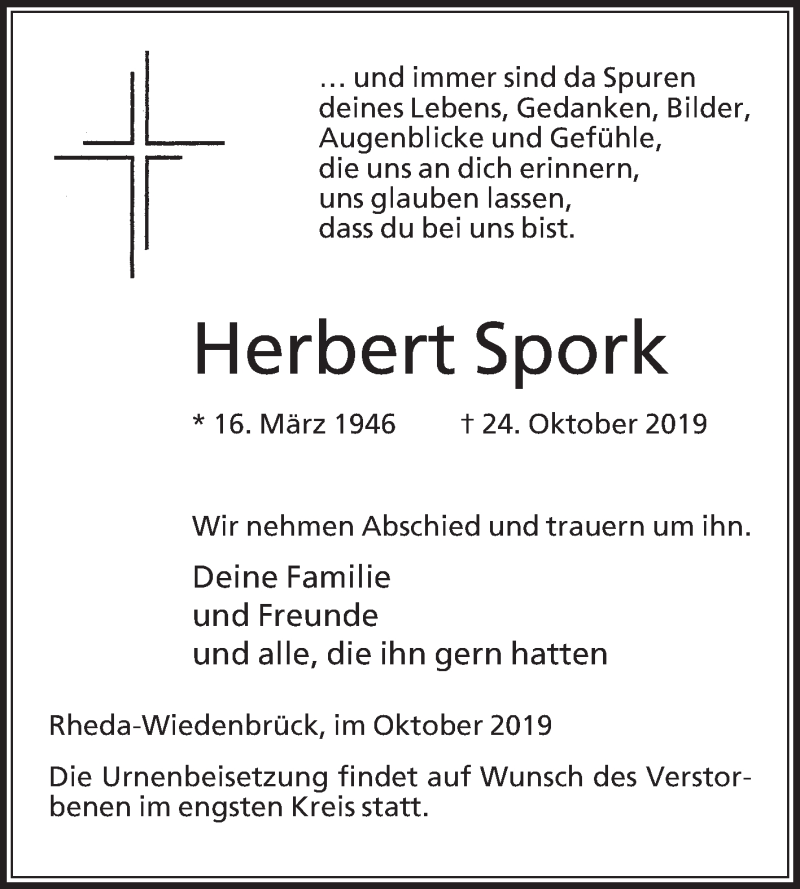  Traueranzeige für Herbert Spork vom 26.10.2019 aus Die Glocke