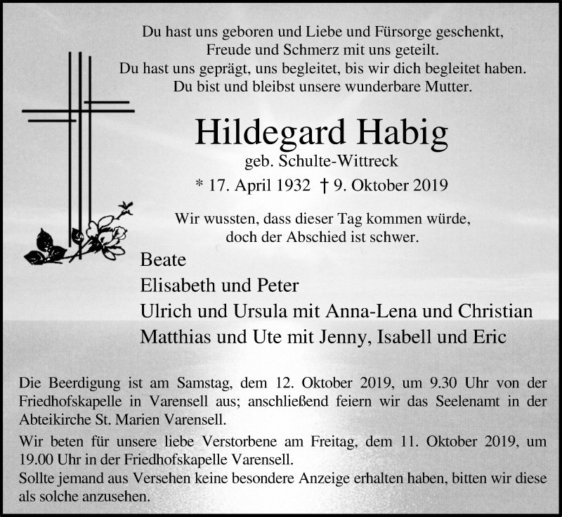  Traueranzeige für Hildegard Habig vom 10.10.2019 aus Glocke Trauer
