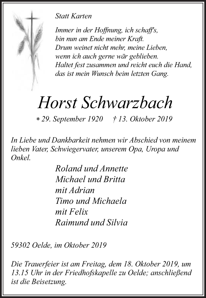  Traueranzeige für Horst Schwarzbach vom 16.10.2019 aus Die Glocke