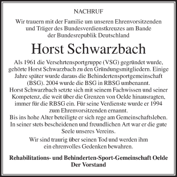 Traueranzeige von Horst Schwarzbach von Die Glocke