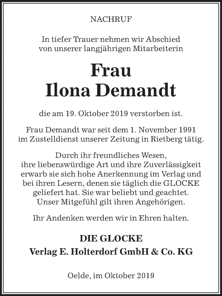  Traueranzeige für Ilona Demandt vom 26.10.2019 aus Die Glocke