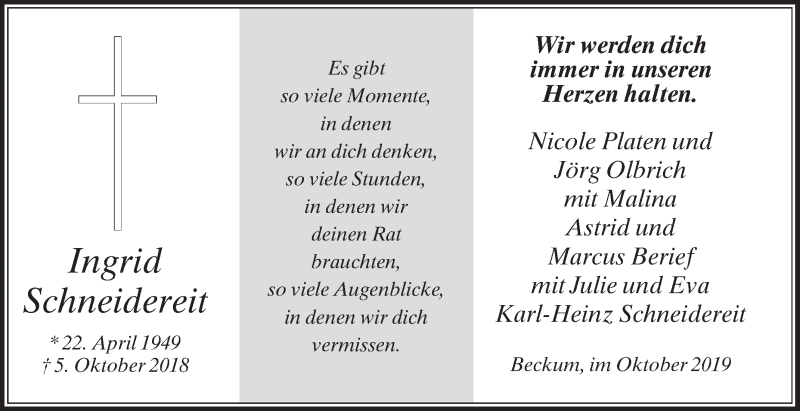  Traueranzeige für Ingrid Schneidereit vom 05.10.2019 aus Die Glocke