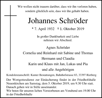 Traueranzeige von Johannes Schröder von Die Glocke