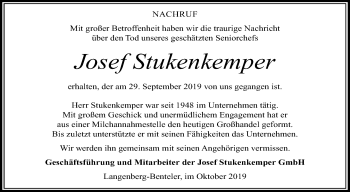 Traueranzeige von Josef Stukenkemper von Die Glocke