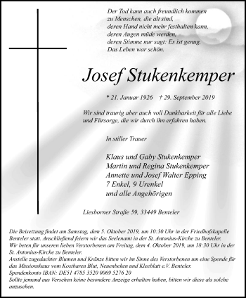 Traueranzeige von Josef Stukenkemper von Die Glocke