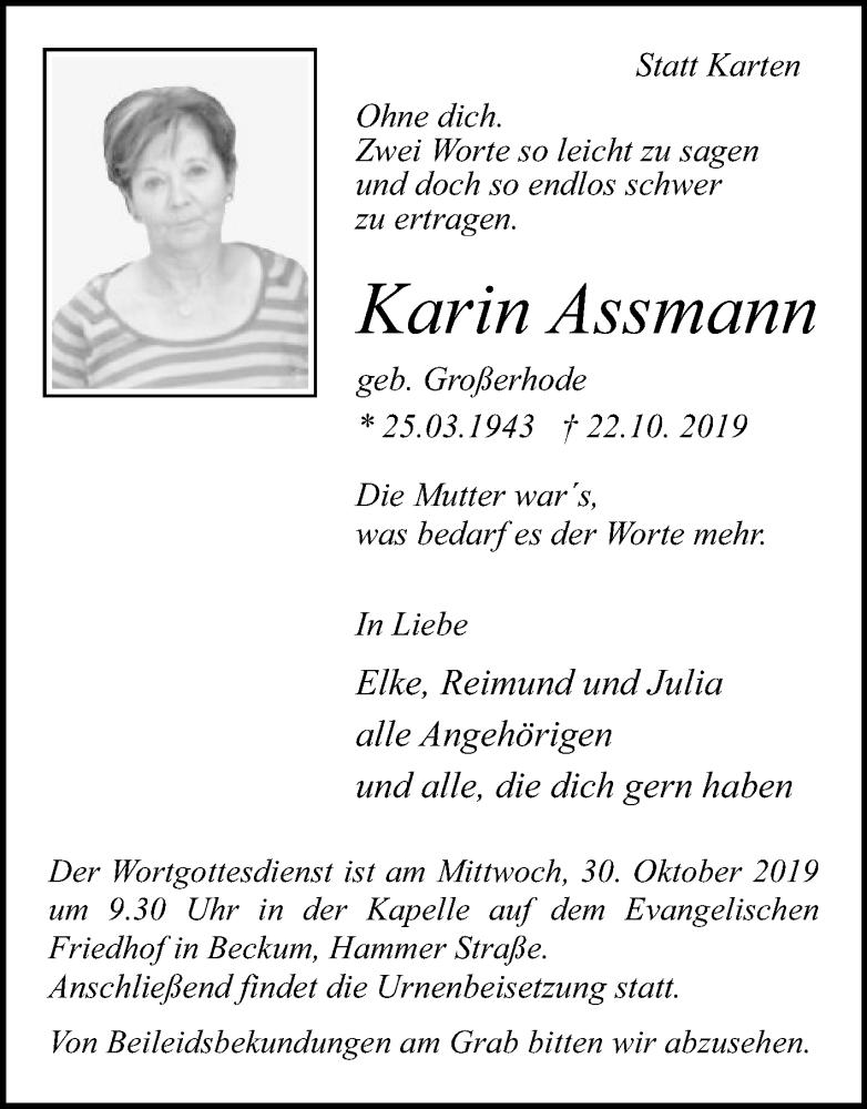  Traueranzeige für Karin Assmann vom 26.10.2019 aus Die Glocke