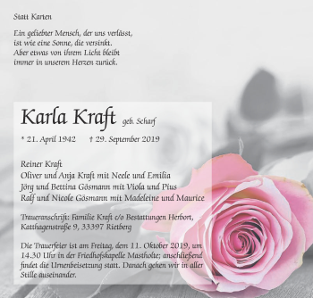 Traueranzeige von Karla Kraft von Die Glocke