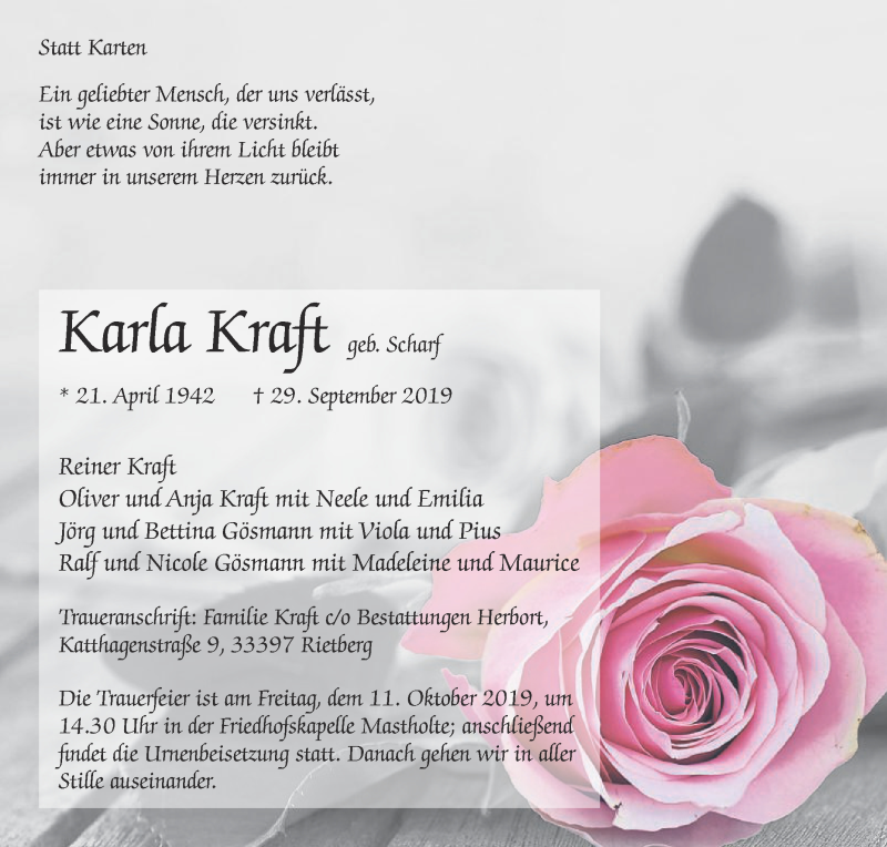  Traueranzeige für Karla Kraft vom 05.10.2019 aus Die Glocke