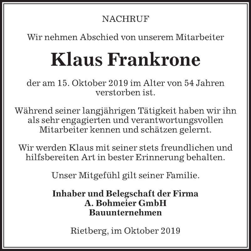  Traueranzeige für Klaus Frankrone vom 24.10.2019 aus Die Glocke