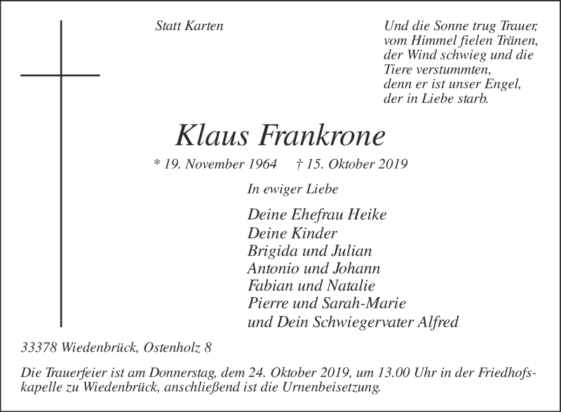  Traueranzeige für Klaus Frankrone vom 19.10.2019 aus Glocke Trauer