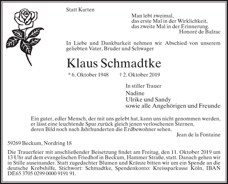  Traueranzeige für Klaus Schmadtke vom 05.10.2019 aus Die Glocke