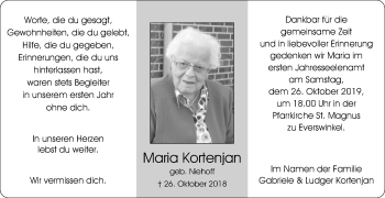 Traueranzeige von Maria Kortenjan von Glocke Trauer