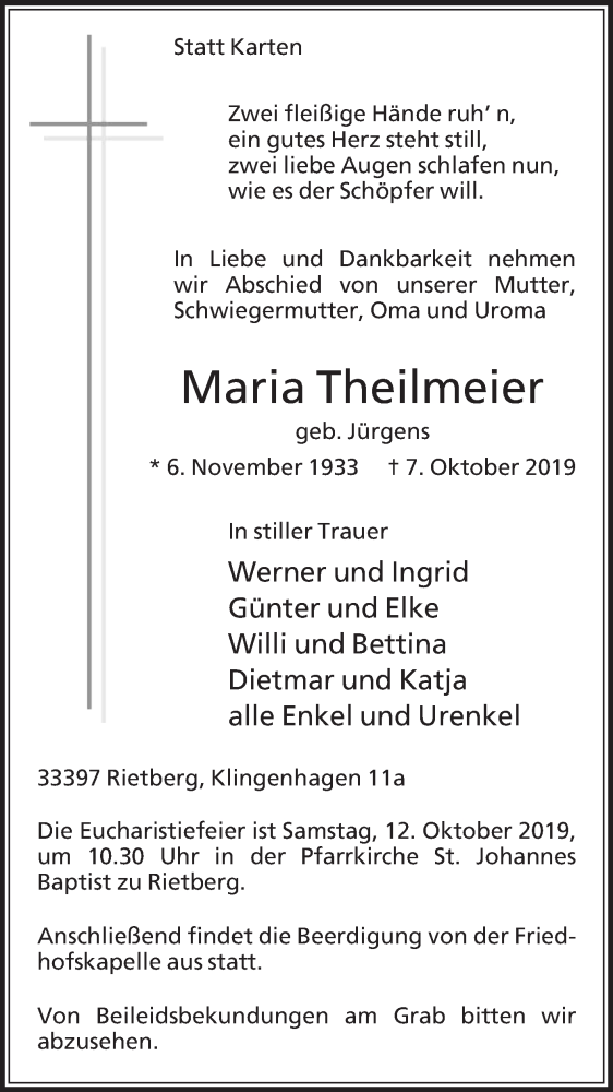  Traueranzeige für Maria Theilmeier vom 09.10.2019 aus Die Glocke