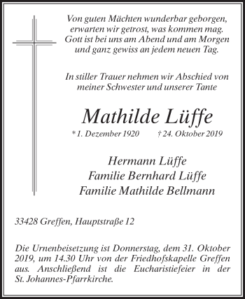 Traueranzeige von Mathilde Lüffe von Die Glocke