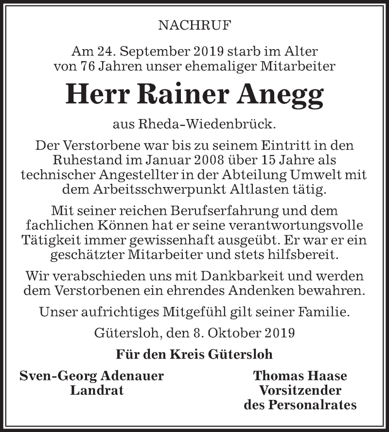  Traueranzeige für Rainer Anegg vom 09.10.2019 aus Die Glocke