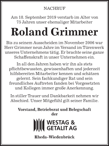 Traueranzeige von Roland Grimmer von Die Glocke