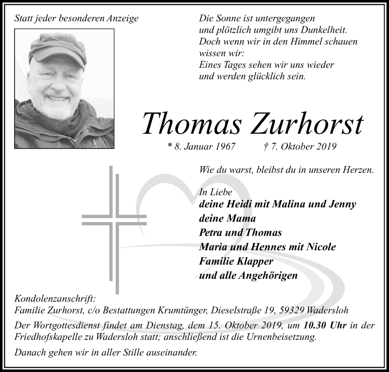  Traueranzeige für Thomas Zurhorst vom 12.10.2019 aus Die Glocke