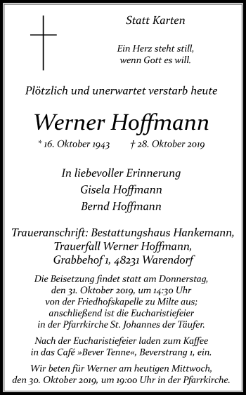 Traueranzeige von Werner Hoffmann von Die Glocke