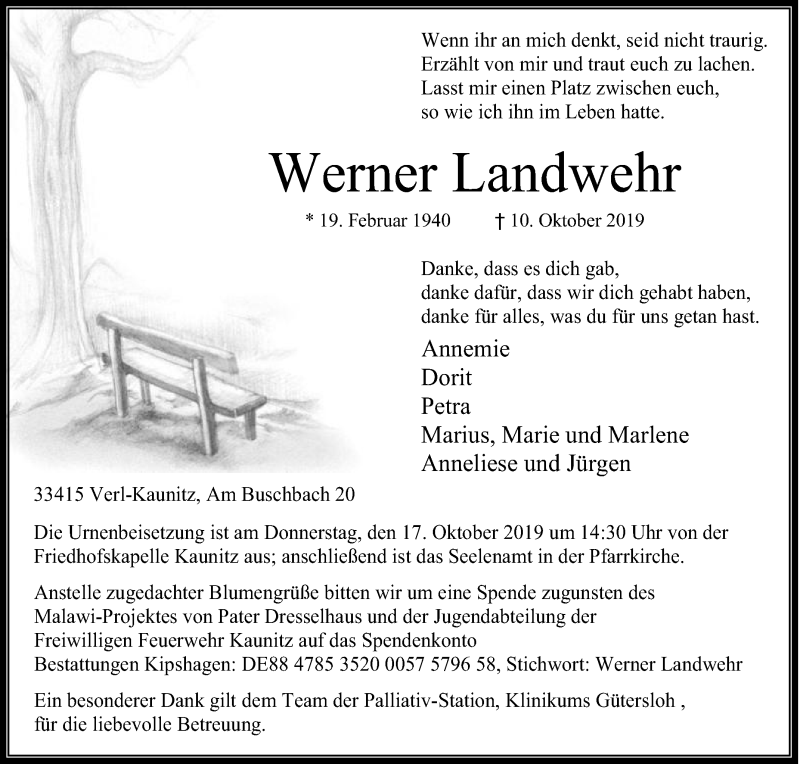  Traueranzeige für Werner Landwehr vom 15.10.2019 aus Die Glocke