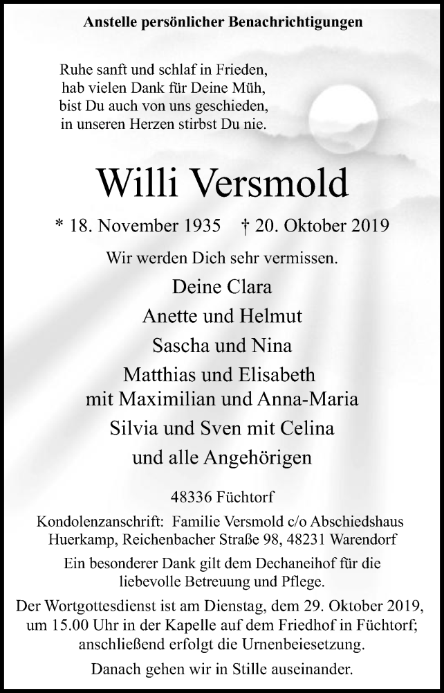  Traueranzeige für Willi Versmold vom 24.10.2019 aus Die Glocke