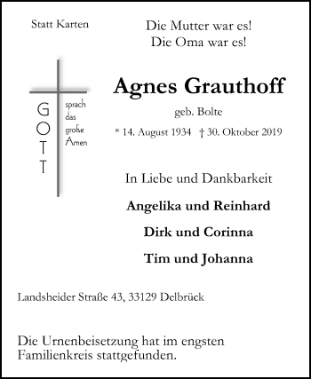 Traueranzeige von Agnes Grauthoff von Die Glocke