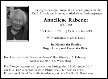 Traueranzeige von Anneliese Rabener von Die Glocke