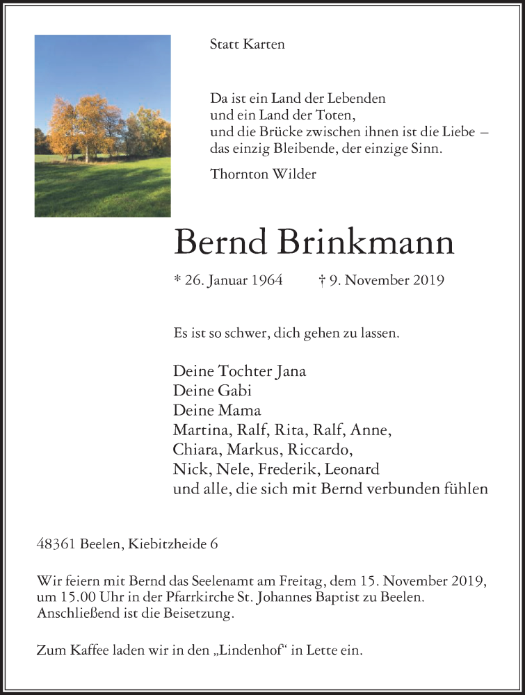  Traueranzeige für Bernd Brinkmann vom 12.11.2019 aus Die Glocke