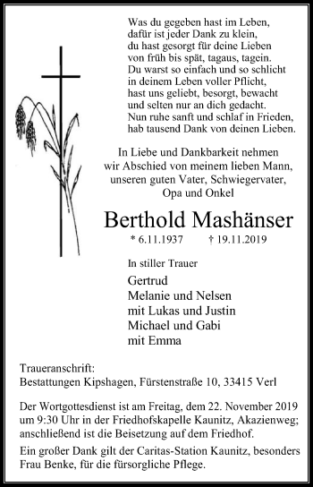 Traueranzeige von Berthold Mashänser von Die Glocke