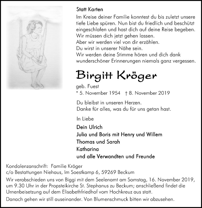  Traueranzeige für Birgitt Kröger vom 12.11.2019 aus Die Glocke