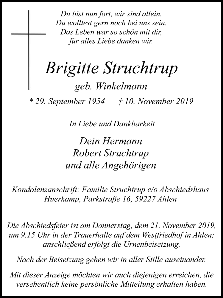  Traueranzeige für Brigitte Struchtrup vom 16.11.2019 aus Die Glocke