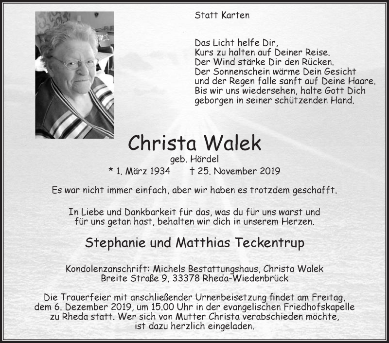  Traueranzeige für Christa Walek vom 30.11.2019 aus Die Glocke