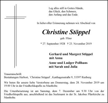 Traueranzeige von Christine Stöppel von Die Glocke