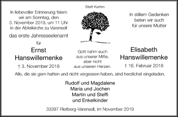 Traueranzeige von Elisabeth Hanswillemenke von Die Glocke