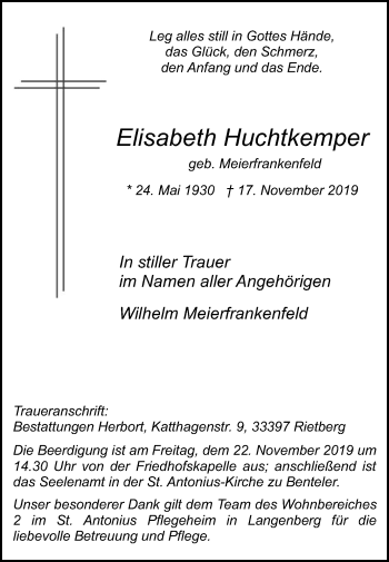 Traueranzeige von Elisabeth Huchtkemper von Die Glocke