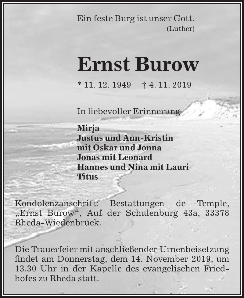  Traueranzeige für Ernst Burow vom 09.11.2019 aus Die Glocke