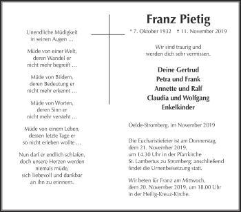 Traueranzeige von Franz Pietig von Die Glocke