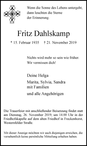 Traueranzeige von Fritz Dahlskamp von Die Glocke