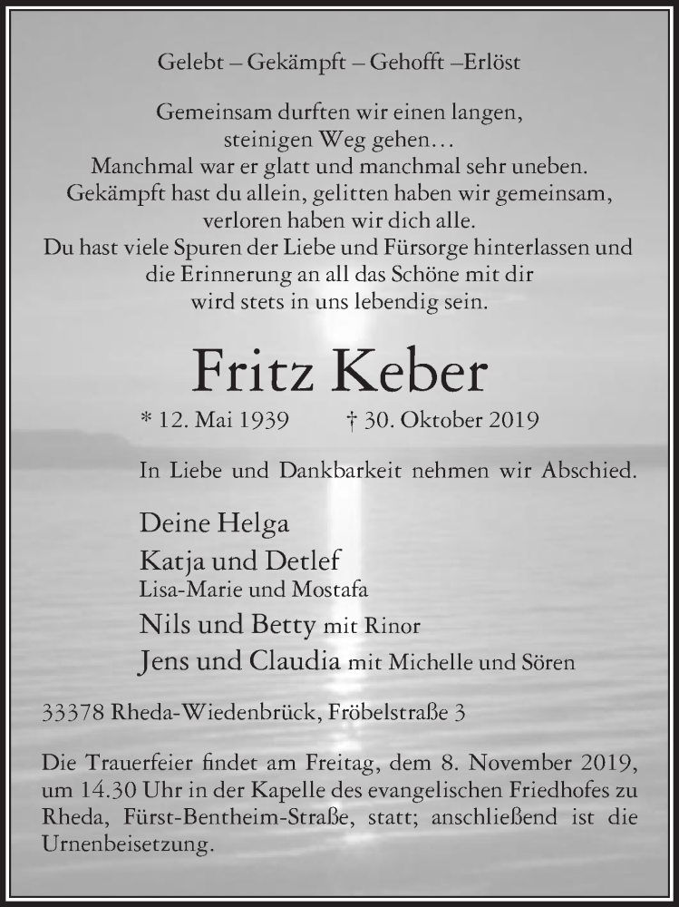  Traueranzeige für Fritz Keber vom 04.11.2019 aus Die Glocke