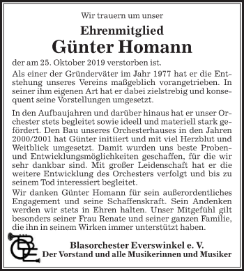 Traueranzeige von Günter Homann von Die Glocke