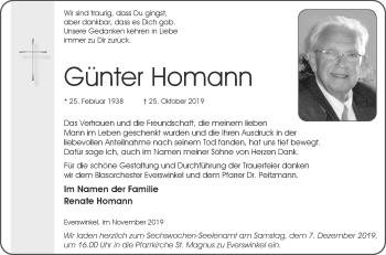 Traueranzeige von Günter Homann von Die Glocke