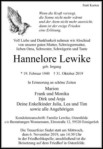 Traueranzeige von Hannelore Lewike von Die Glocke