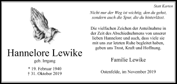 Traueranzeige von Hannelore Lewike von Die Glocke