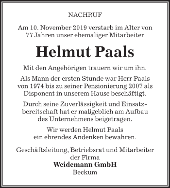 Traueranzeige von Helmut Paals von Die Glocke