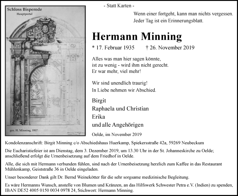  Traueranzeige für Hermann Minning vom 30.11.2019 aus Die Glocke