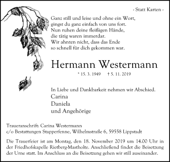 Traueranzeige von Hermann Westermann von Die Glocke