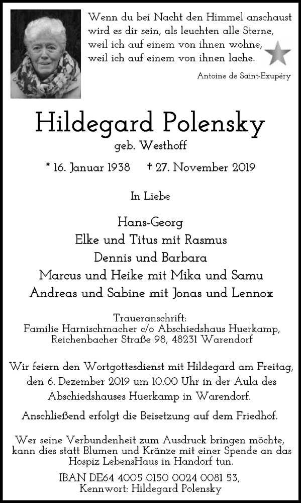  Traueranzeige für Hildegard Polensky vom 30.11.2019 aus Die Glocke
