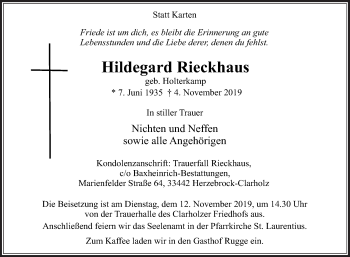 Traueranzeige von Hildegard Rieckhaus von Die Glocke