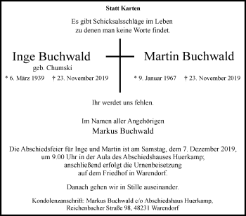 Traueranzeige von Inge Buchwald von Die Glocke
