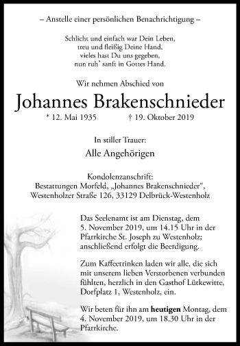 Traueranzeige von Johannes Brakenschnieder von Die Glocke